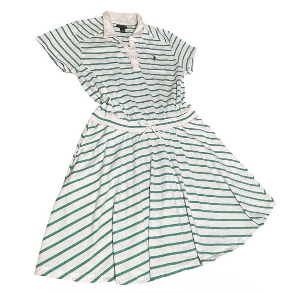 U.S. POLO ASSN. White Green Striped Dress Drawstring Waist Pockets Women's M - Picture 2 of 7